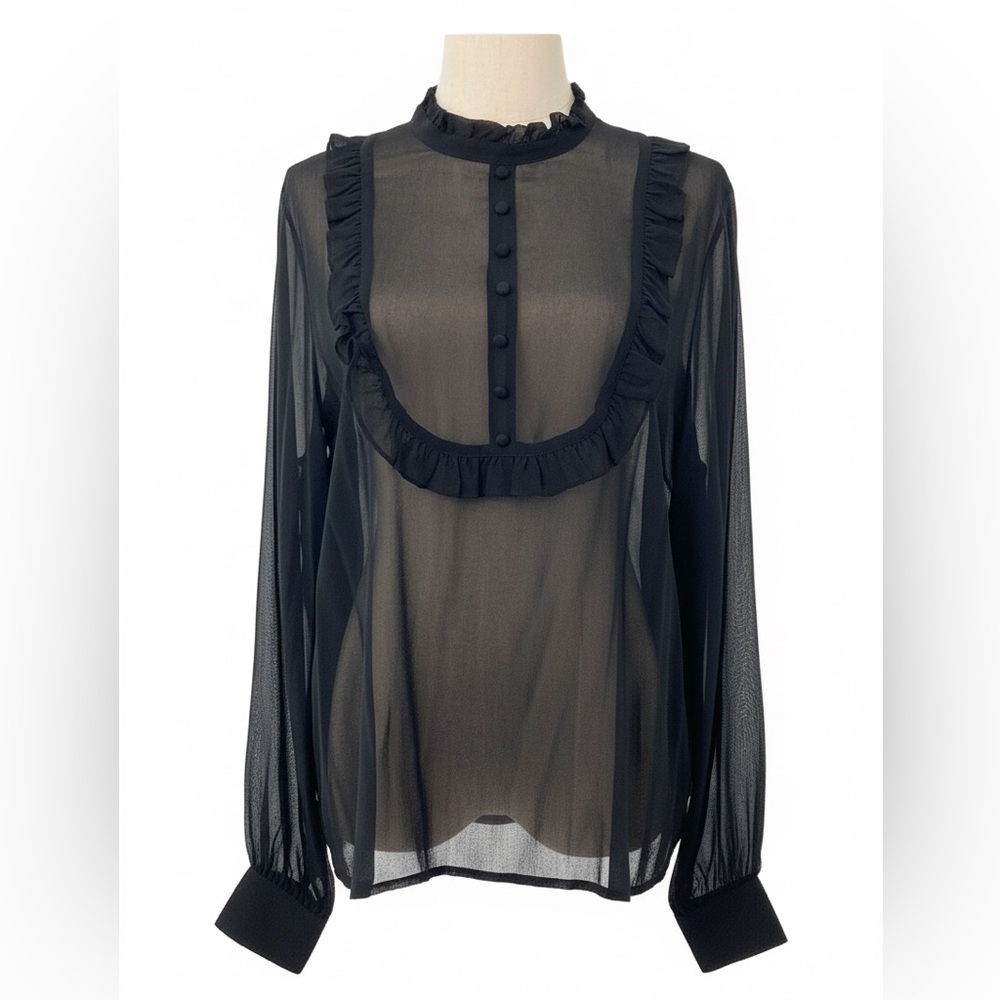 Sheer Black Ruffle-Trim Long-Sleeve Top blouse silk size L